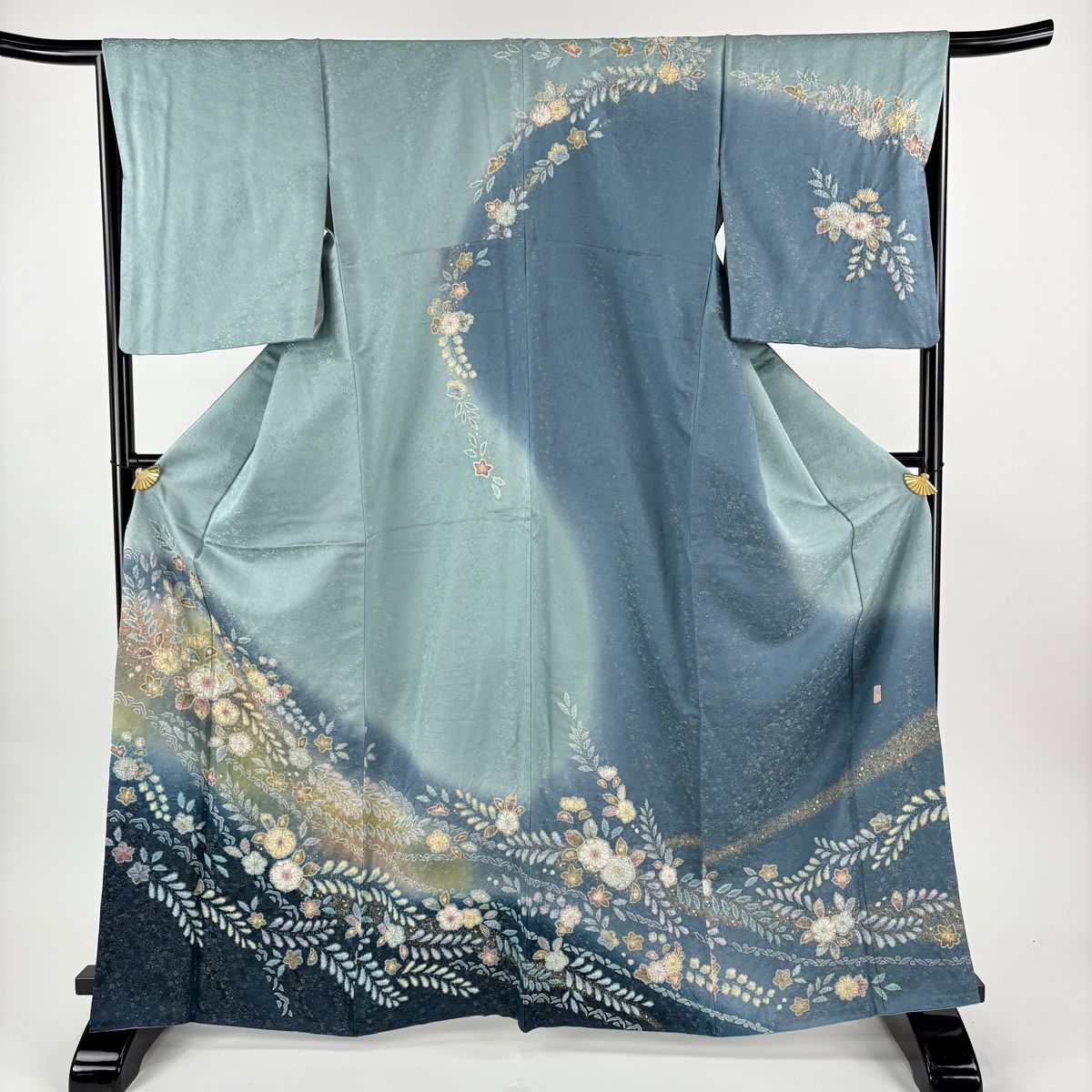 訪問着 身丈166.5 cm 裄丈66 M 袷 落款 辻が花 地紋 金彩 金通し 灰緑 正絹 名品