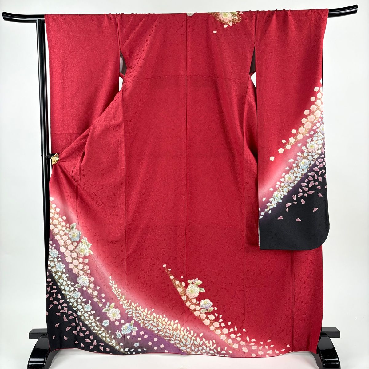 振袖 身丈169.5 cm 裄丈68 L 袷 草花 花びら 金彩 染め分け 赤 正絹