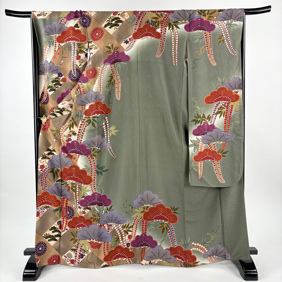 振袖 身丈166 cm 裄丈67.5 L 袷 松竹梅 疋田 金糸 灰緑 正絹 名品