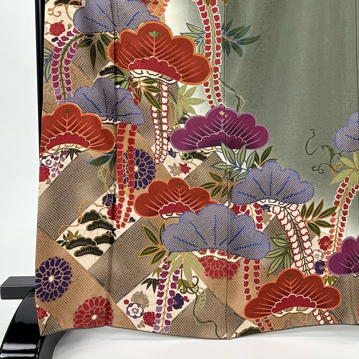振袖 身丈166 cm 裄丈67.5 L 袷 松竹梅 疋田 金糸 灰緑 正絹