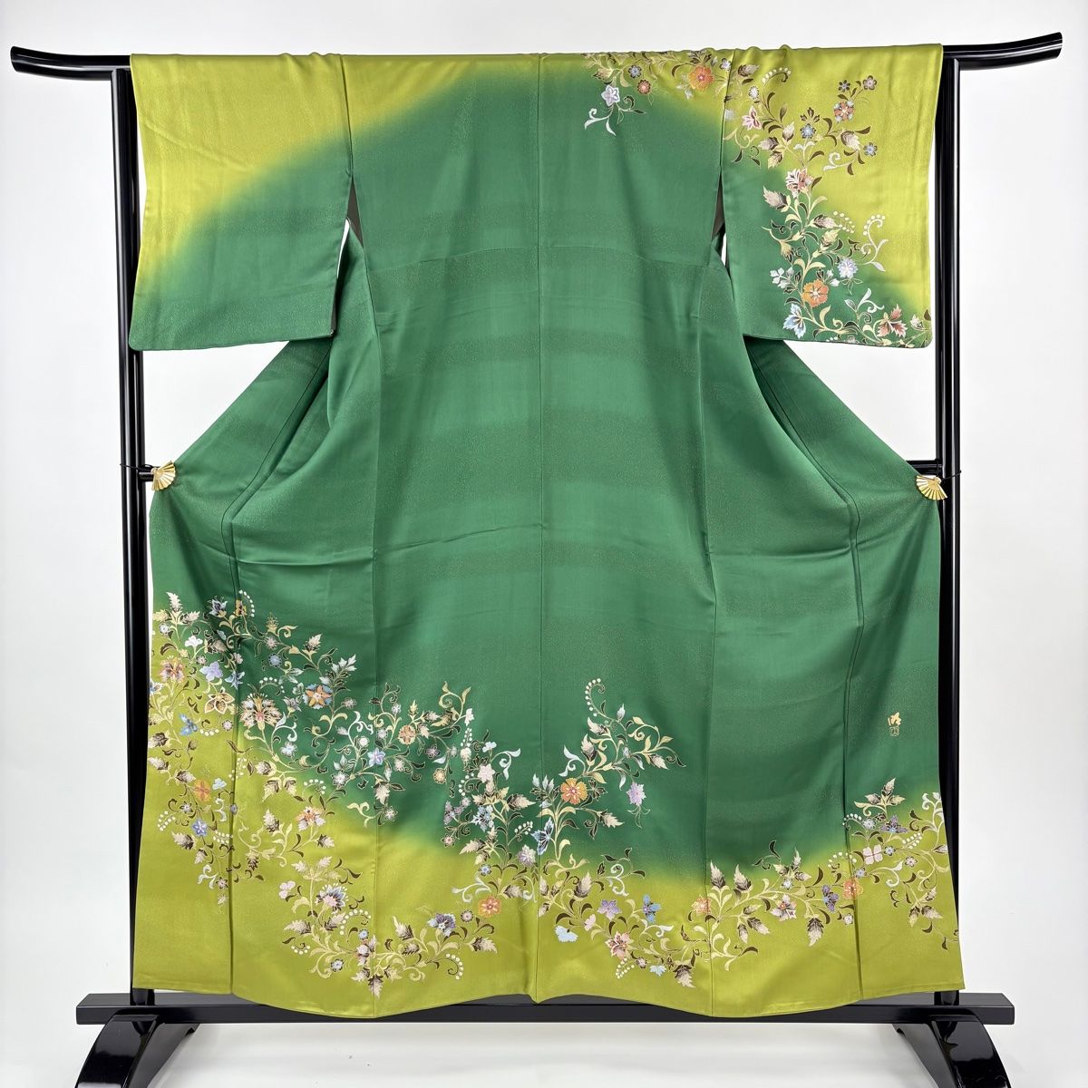 訪問着 身丈160 cm 裄丈65 M 袷 落款 花唐草 ラメ通し 金銀彩 緑 正絹
