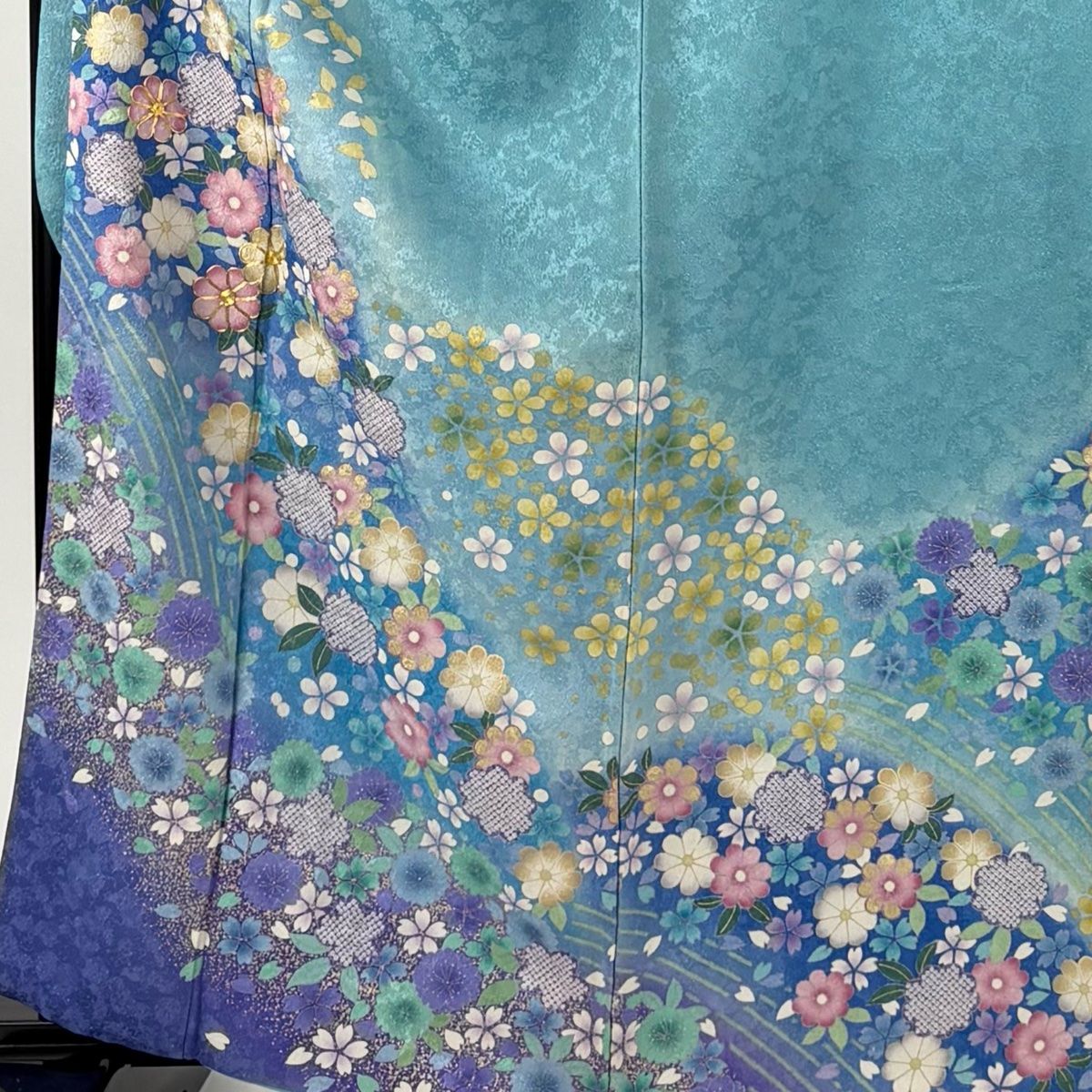 振袖 身丈163 cm 裄丈71 L 袷 桜 草花 金通し 金糸 水色 正絹