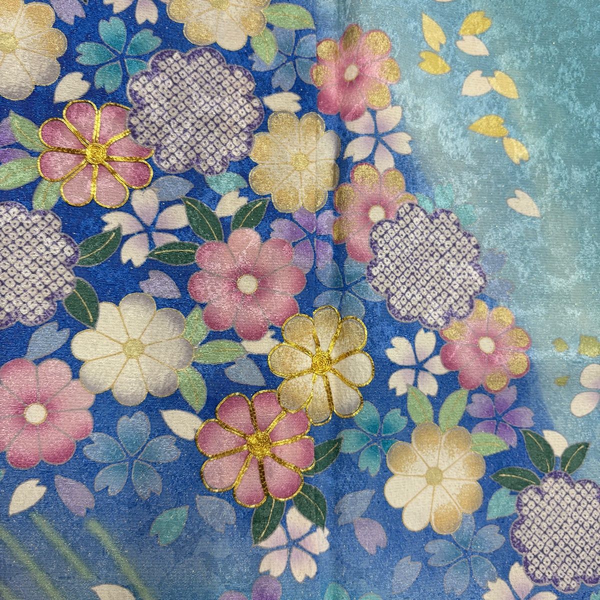  振袖 身丈163 cm 裄丈71 L 袷 桜 草花 金通し 金糸 水色 正絹 振袖 着物