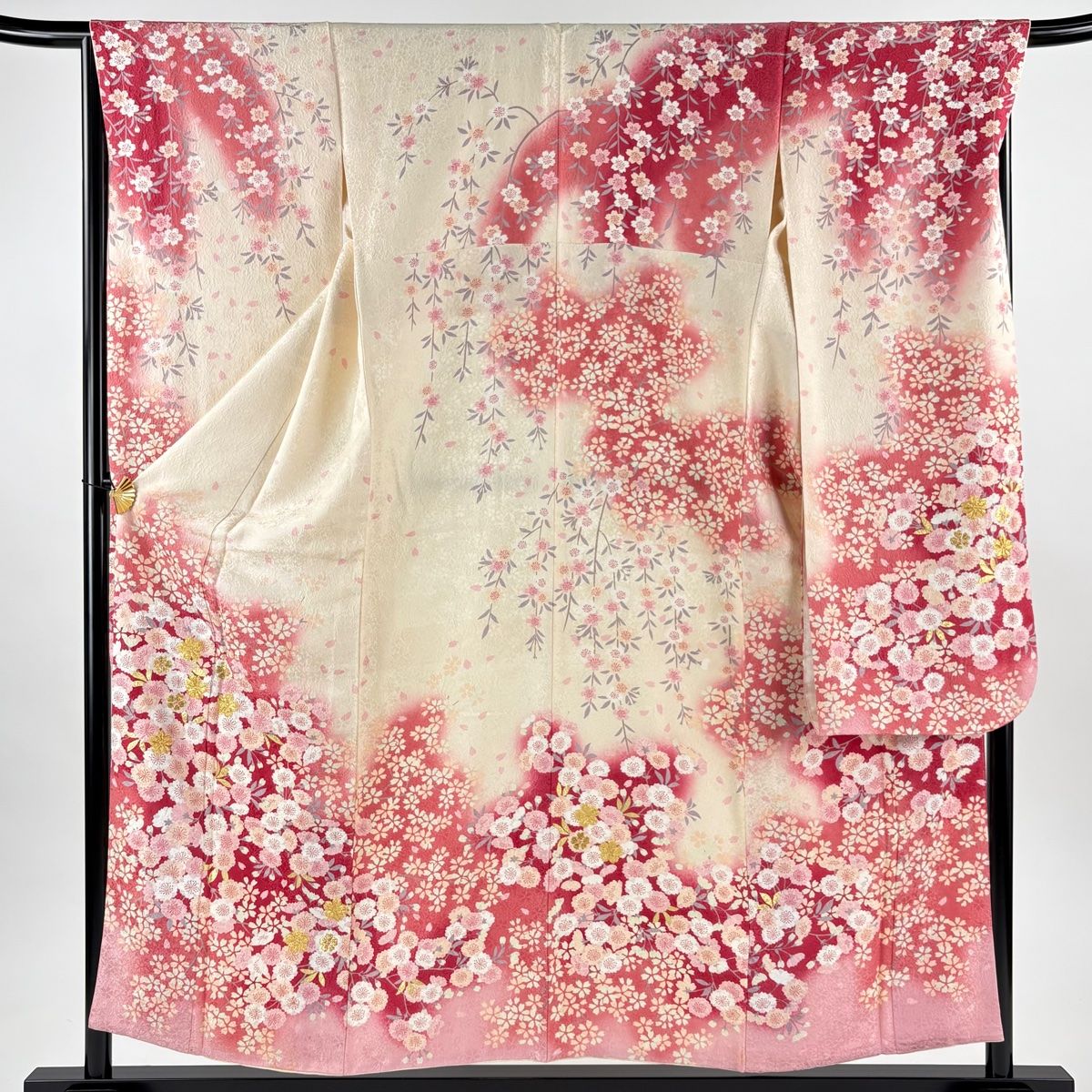 振袖 身丈157 cm 裄丈68 L 袷 桜 花びら 金通し 金糸 クリーム 正絹 名品