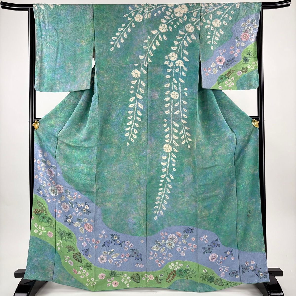 訪問着 身丈165 cm 裄丈65 M 袷 落款 辻が花柄 絞り 染め分け 薄緑 正絹