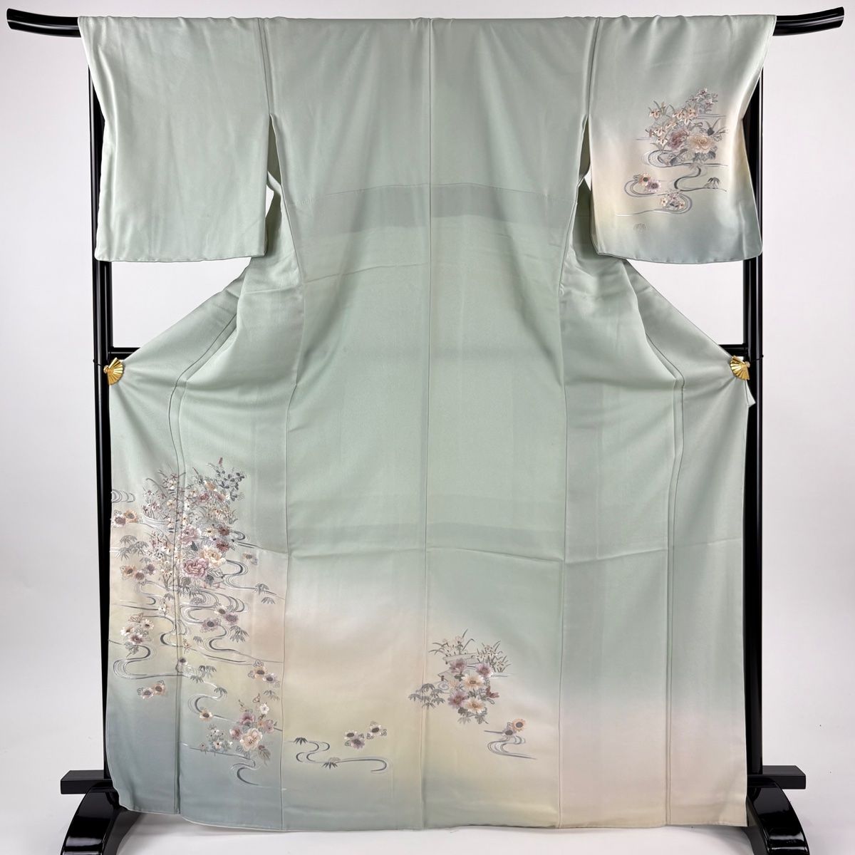 訪問着 身丈170 cm 裄丈70 L 袷 草花 流水 刺繍 金糸 薄緑 正絹