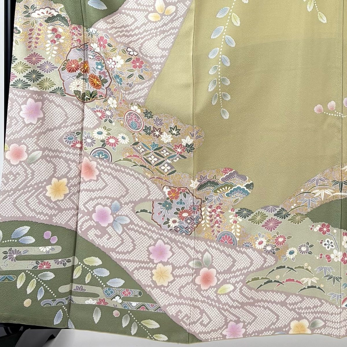 訪問着 身丈161.5 cm 裄丈67 M 袷 菊 雲文 金糸 金彩 よもぎ色 正絹