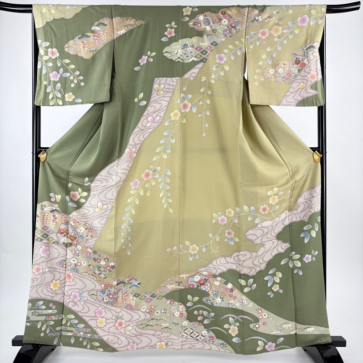 訪問着 身丈161.5cm 裄丈67cm M 袷 菊 雲文 金糸 金彩 よもぎ色 正絹 名品 【】