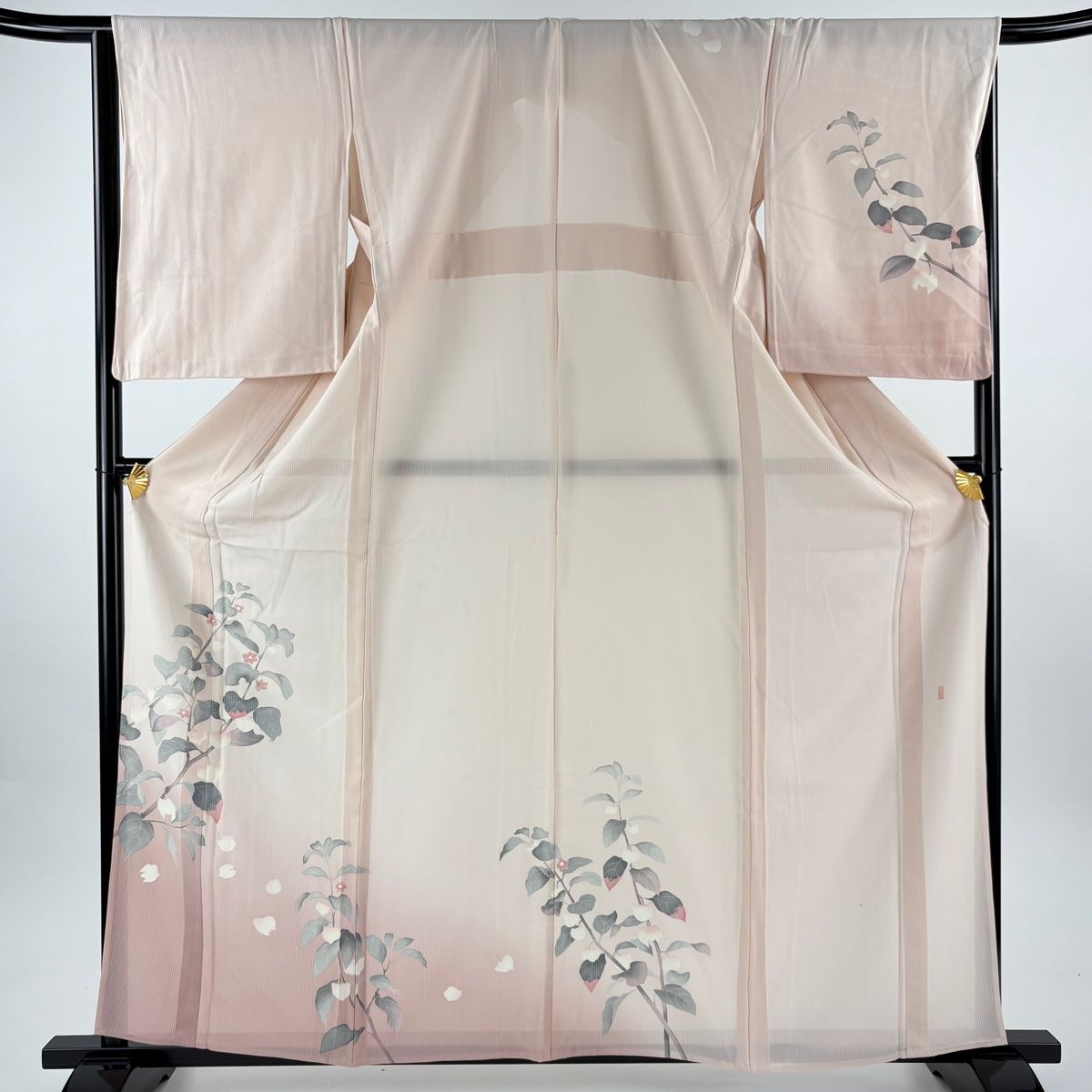 訪問着 身丈162.5 cm 裄丈65.5 M 薄物 縦絽 落款 枝花 ぼかし 薄ピンク 正絹 名品