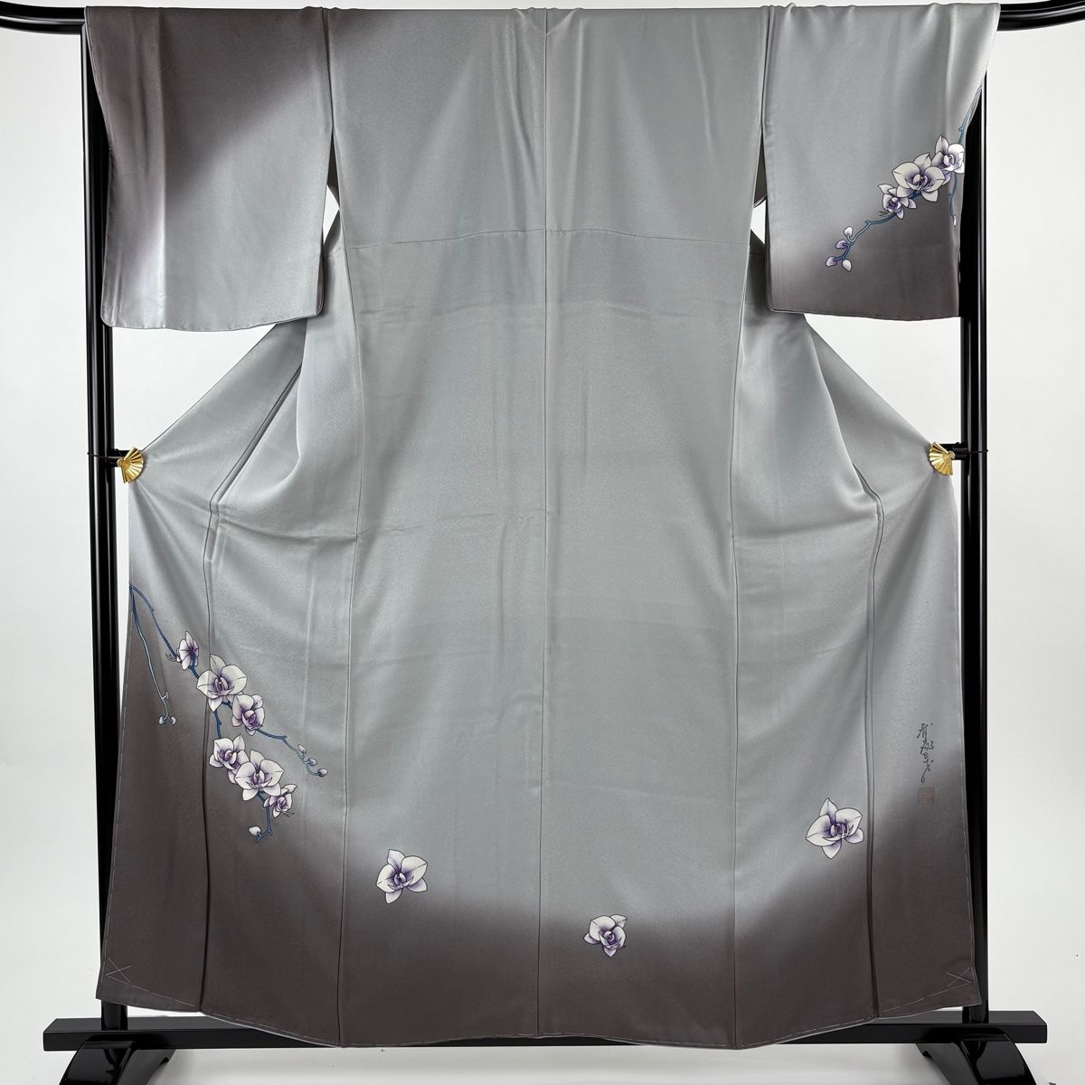 付下げ 身丈159 cm 裄丈67 5 L 袷 斉藤三才 落款 蘭 ぼかし 染め分け 灰色 正絹