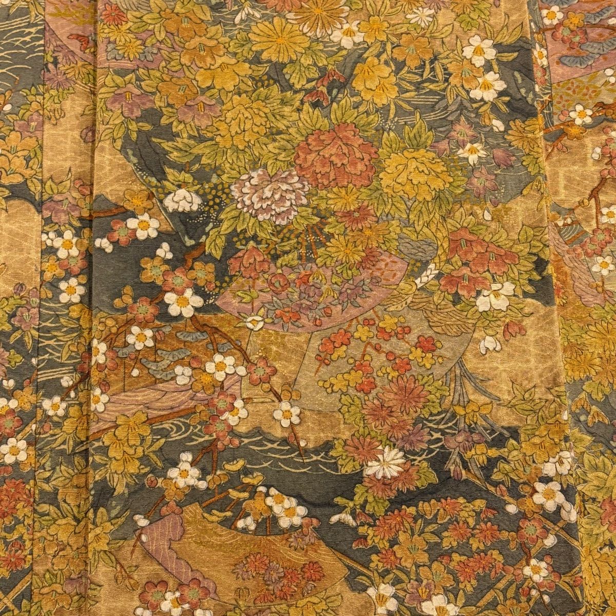  小紋 身丈159 cm 裄丈63.5 S 袷 樽本伊勢蔵 落款 草花 扇 黄土色 正絹 小紋 着物