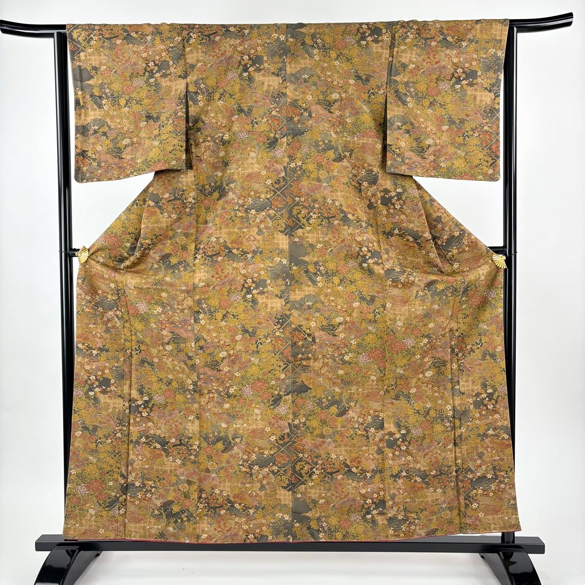 小紋 身丈159 cm 裄丈63.5 S 袷 樽本伊勢蔵 落款 草花 扇 黄土色 正絹 名品