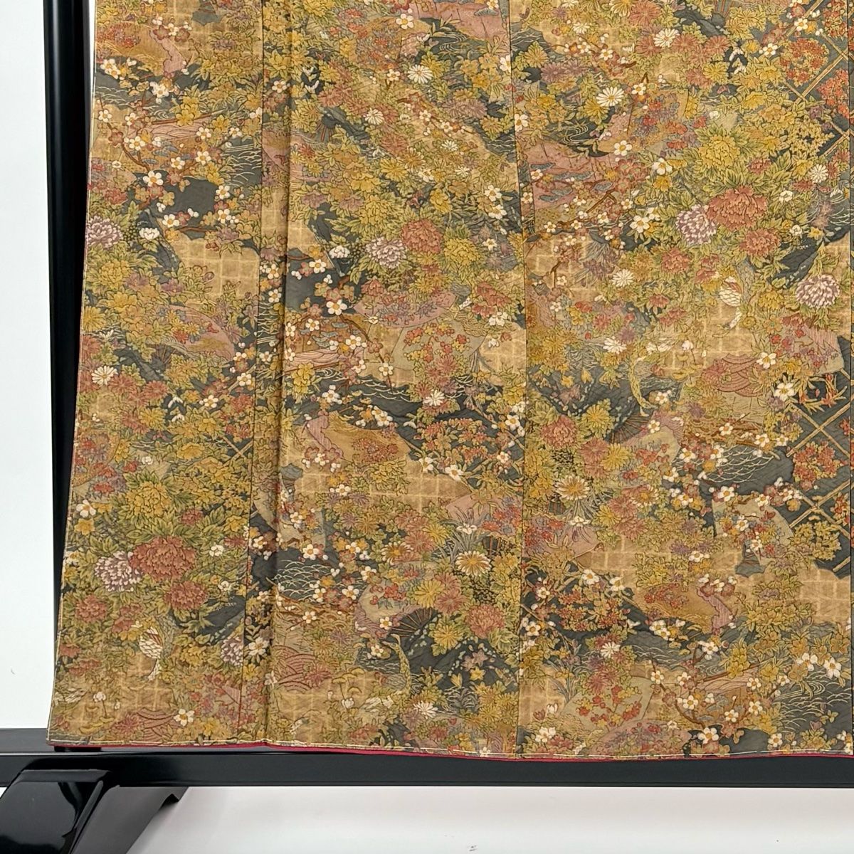 小紋 身丈159 cm 裄丈63.5 S 袷 樽本伊勢蔵 落款 草花 扇 黄土色 正絹