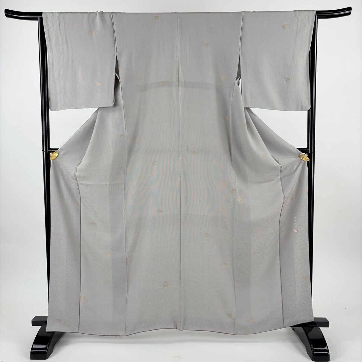 小紋 身丈164.5 cm 裄丈65.5 M 袷 金田政山 落款 松竹梅 地紋 金糸 灰色 正絹