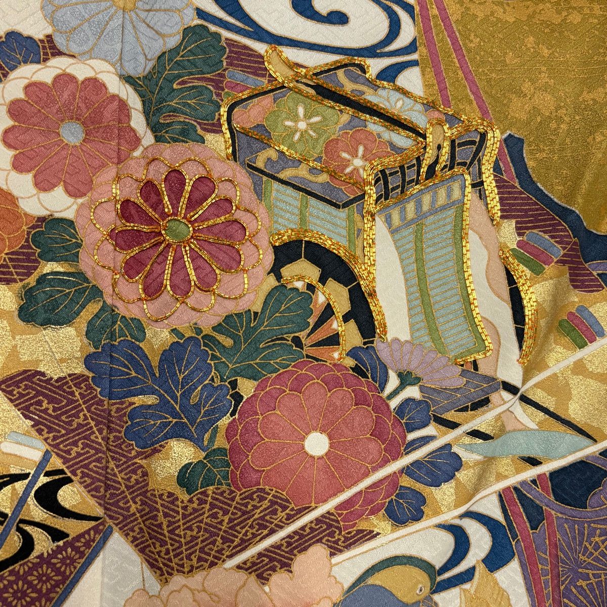  振袖 身丈165 5 cm 裄丈66 M 袷 御所車 草花 金糸 金彩 青灰色 正絹 振袖 着物