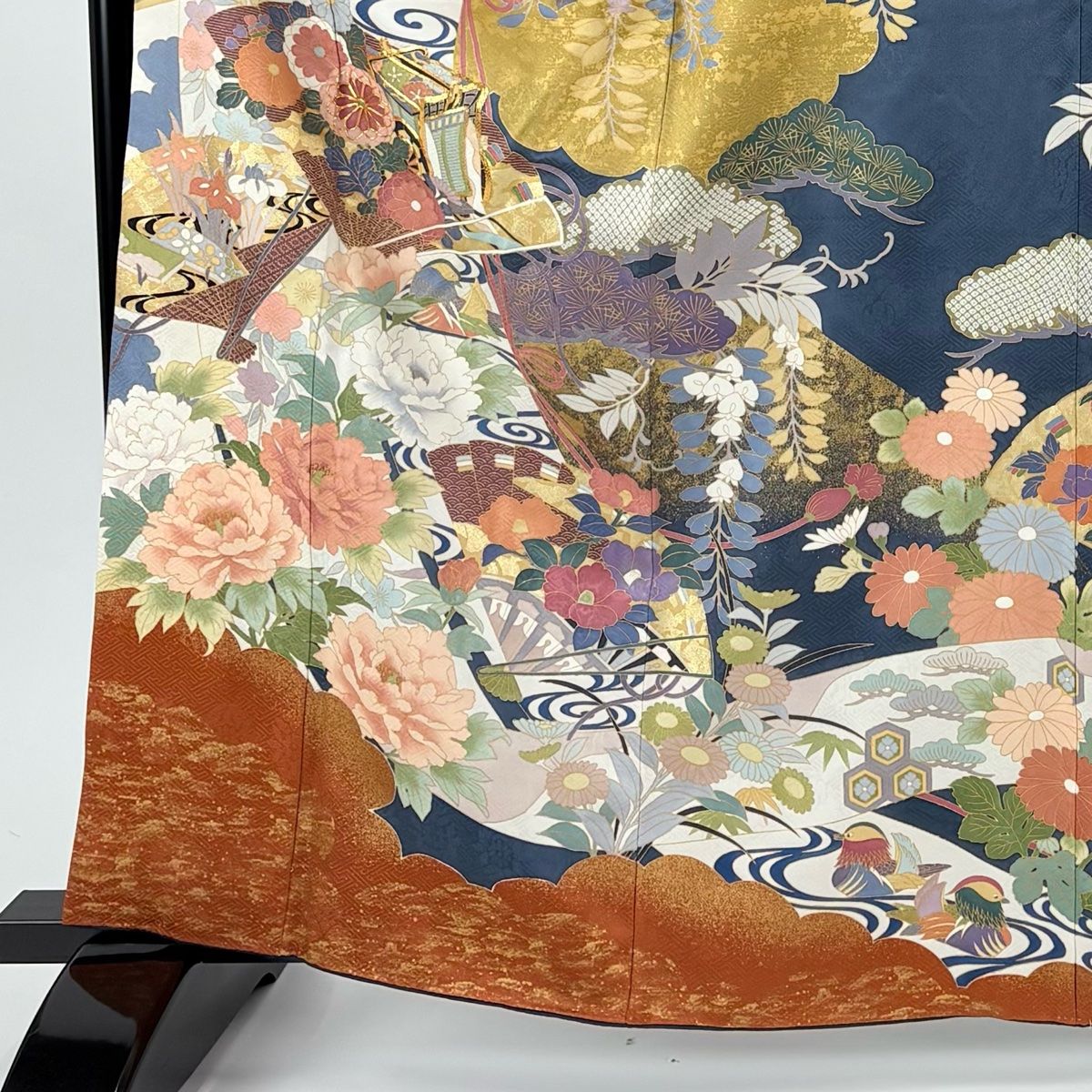 振袖 身丈165 5 cm 裄丈66 M 袷 御所車 草花 金糸 金彩 青灰色 正絹