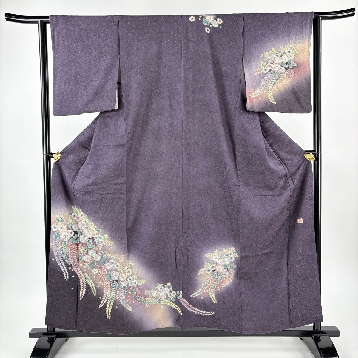 訪問着 身丈158 cm 裄丈62 S 袷 落款 辻が花柄 金通し ぼかし 灰紫 正絹 名品