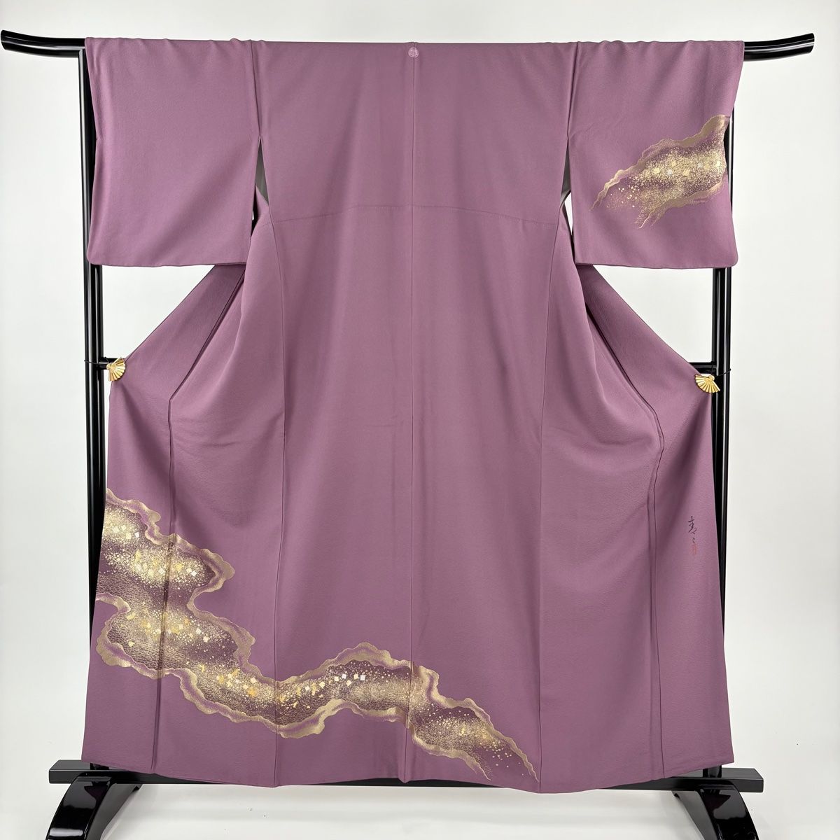 付下げ 身丈160 5 cm 裄丈67 L 袷 松井青々 落款 道長取り 箔散らし 金糸 金彩 紫 正絹 一つ紋