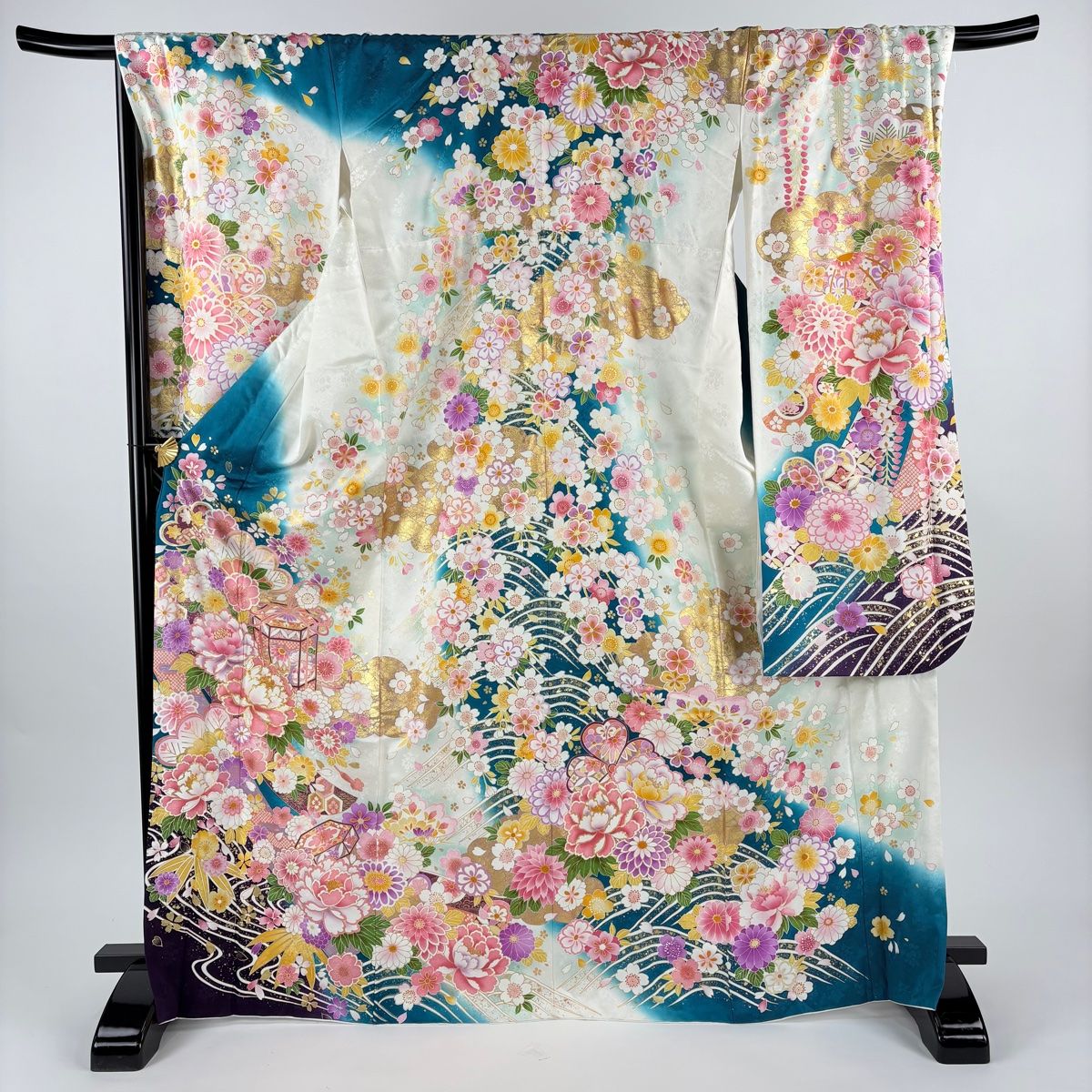 振袖 身丈171 cm 裄丈70.5 L 袷 貝桶 草花 金糸 金彩 クリーム 正絹