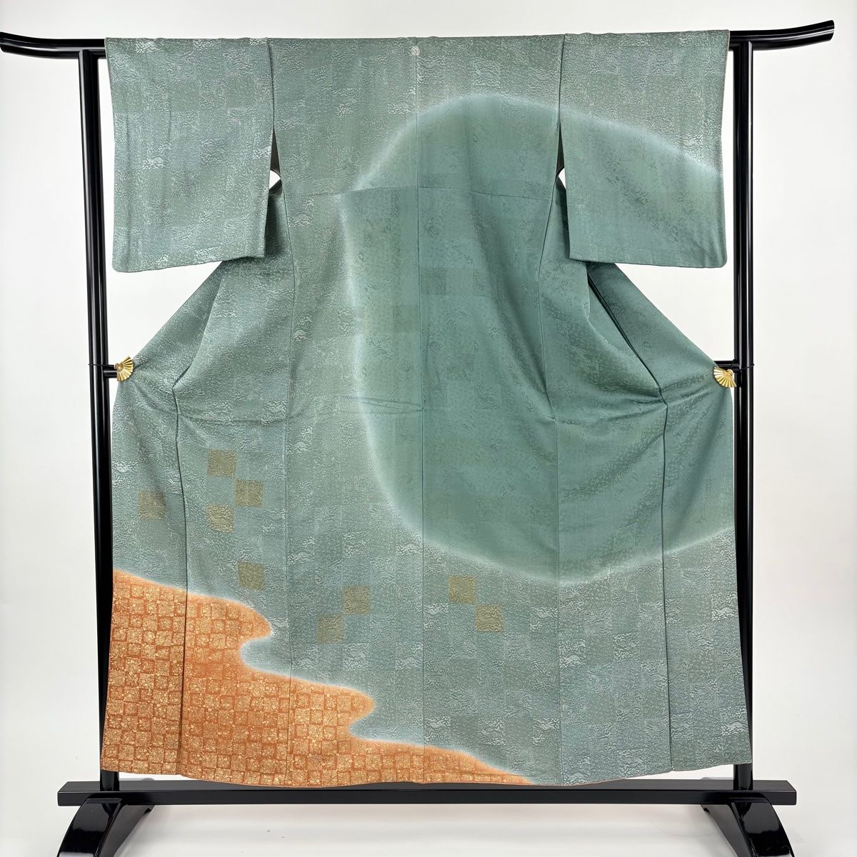 訪問着 身丈158 cm 裄丈61.5 S 袷 市松 箔散らし 金彩 灰緑 正絹 名品 一つ紋