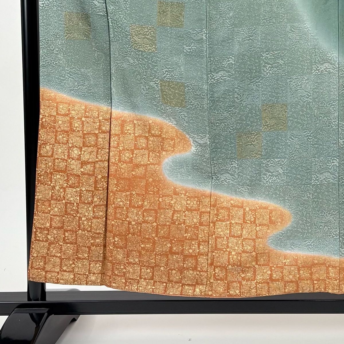 訪問着 身丈158 cm 裄丈61.5 S 袷 市松 箔散らし 金彩 灰緑 正絹 一つ紋