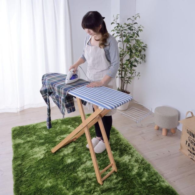 折りたたみ式アイロン台 ハイタイプLサイズ ブルー グリーン ストライプ柄 高さ調整機能 スライド式フレーム台 脚部に天然木を使用 組立不要 新生活