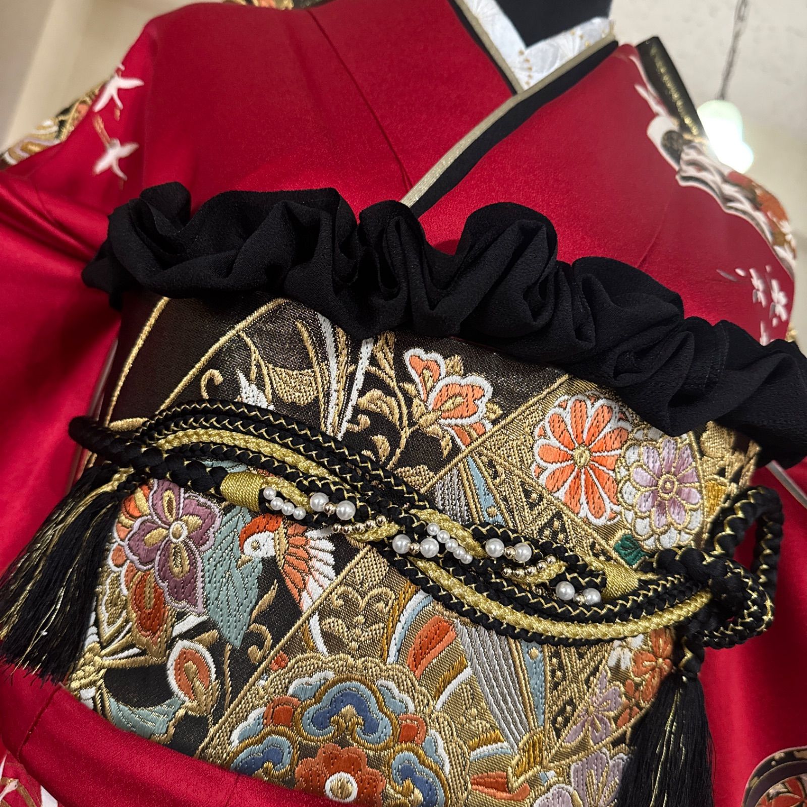 正絹 豪華振袖フルセット 赤 黒 袋帯 (6点) ・古典柄・金駒刺繍・飛鶴