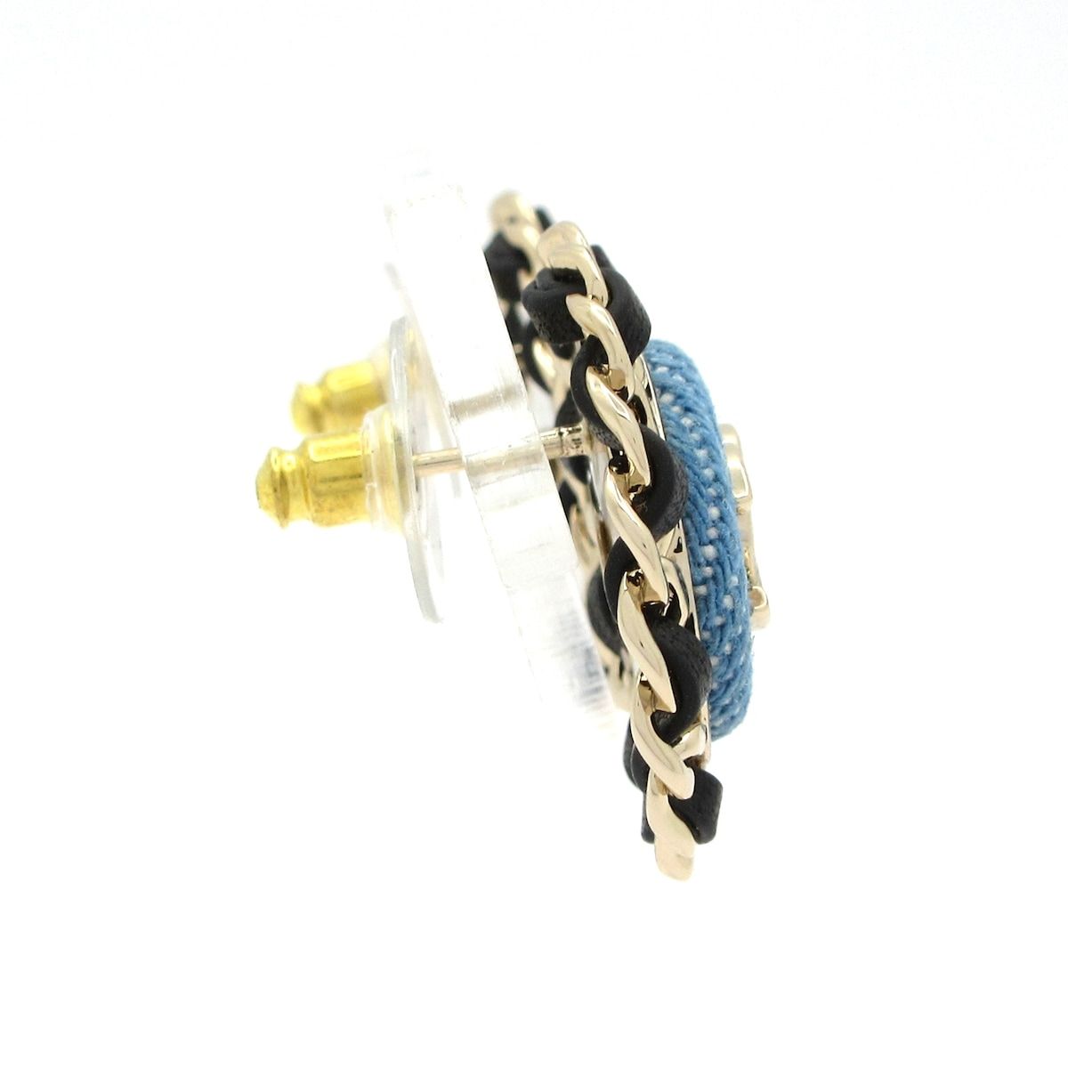 CHANEL シャネル ピアス ココマーク レザー ゴールド ライトブルー 黒