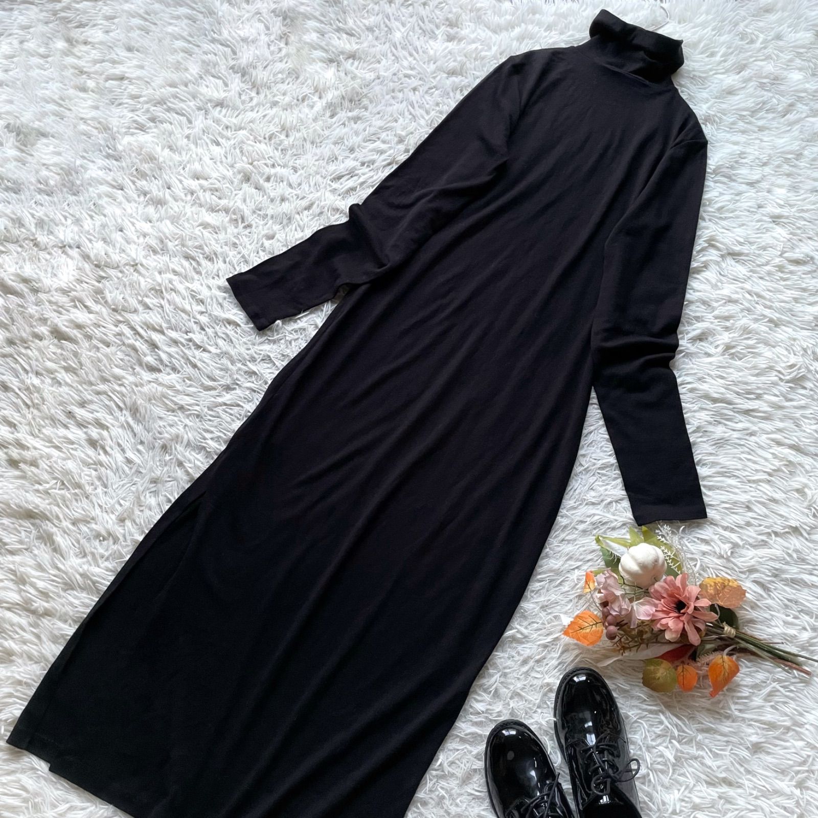 POLO RALPH LAUREN ポロラルフローレン High Neck Side Split Dress ハイネック サイドスリット ニット ワンピース マキシ丈 ウール混 M 黒 近年モデル ストレッチ
