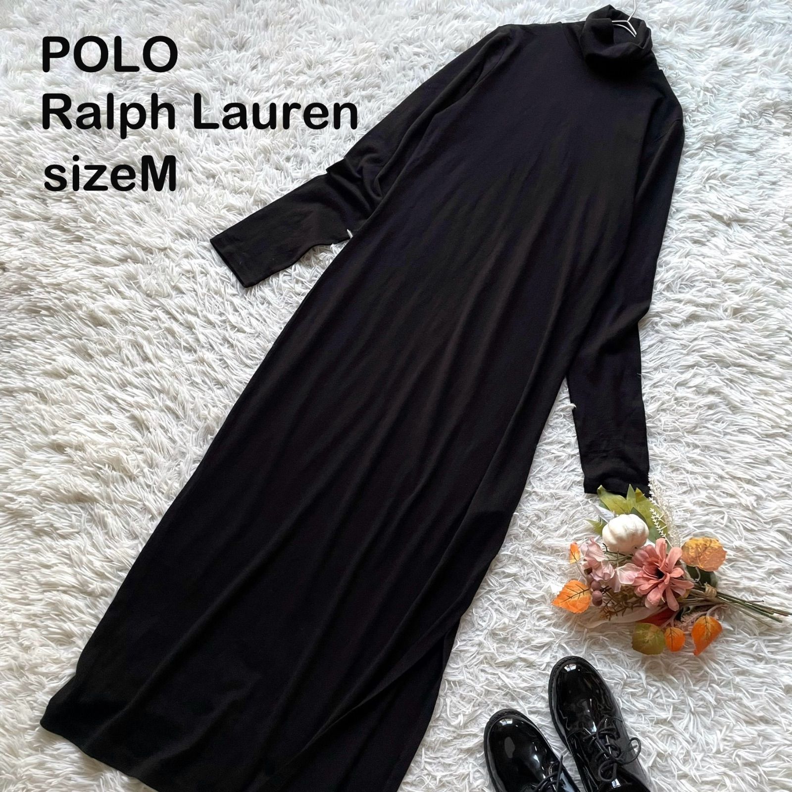 POLO RALPH LAUREN ポロラルフローレン High Neck Side Split Dress ハイネック サイドスリット ニット ワンピース マキシ丈 ウール混 M 黒 近年モデル ストレッチ