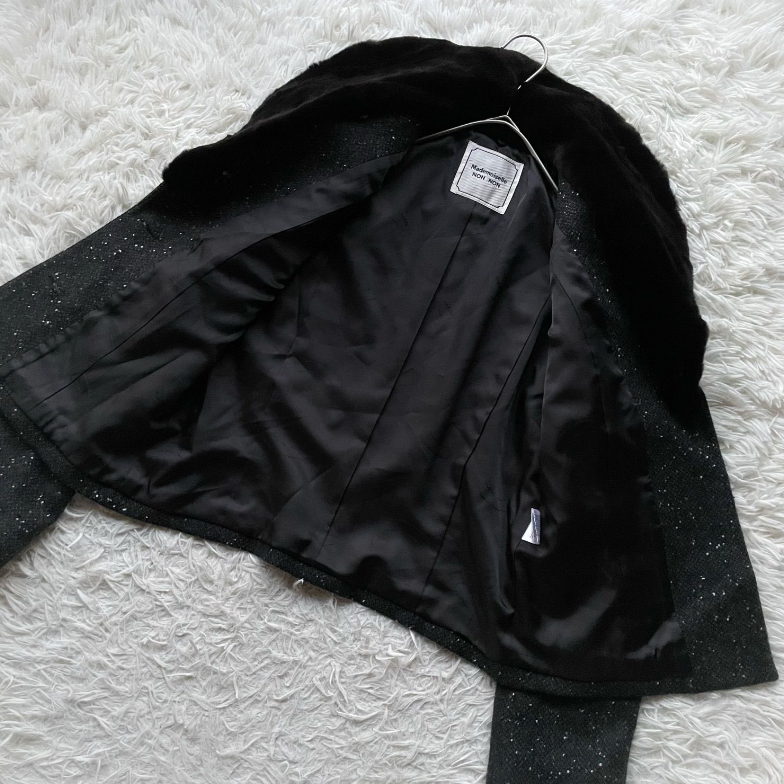 Mademoiselle NON マドモアゼルノンノン ミンクファー付き カシミヤ ミックスツイードセットアップ ママスーツ スカート くるみボタン 2 way スカートスーツ セレモニースーツ スーツ フォーマル