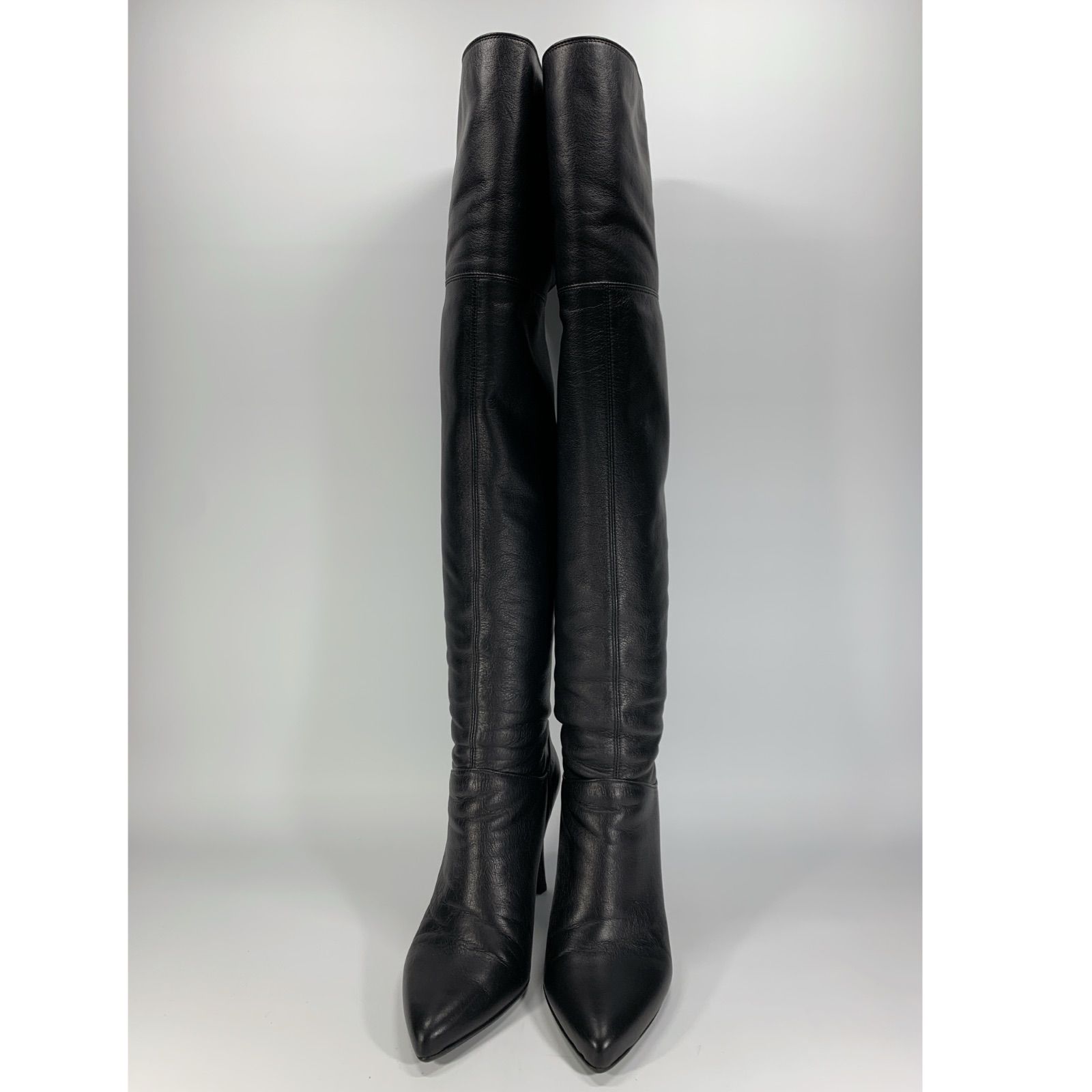 ◯ 銀座かねまつ ニーハイブーツ ロングブーツ レザー 2 way ブラック ポインテッドトゥ 23.5