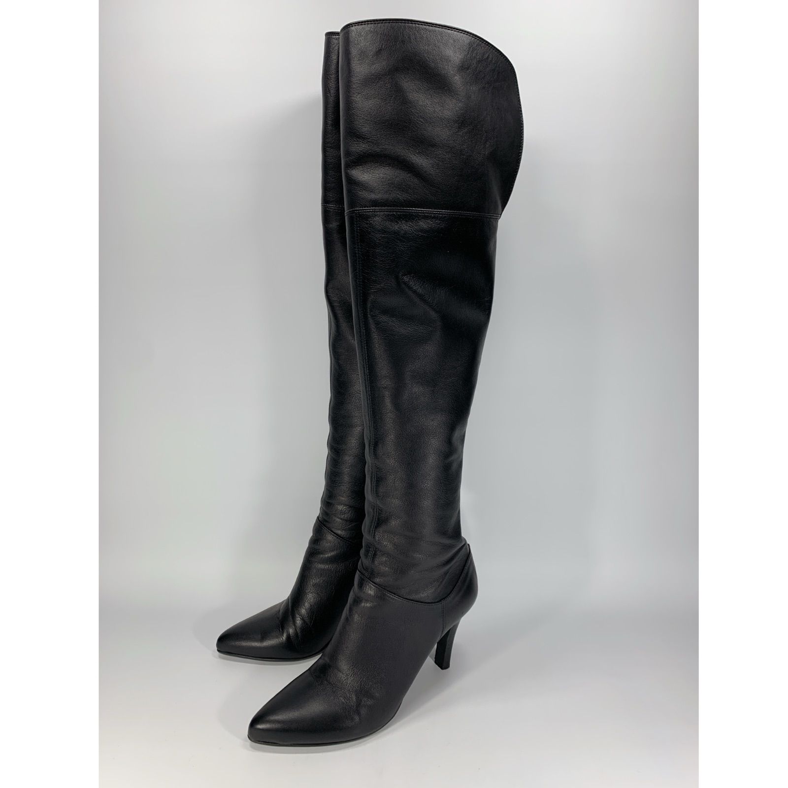 ◯ 銀座かねまつ ニーハイブーツ ロングブーツ レザー 2 way ブラック ポインテッドトゥ 23.5