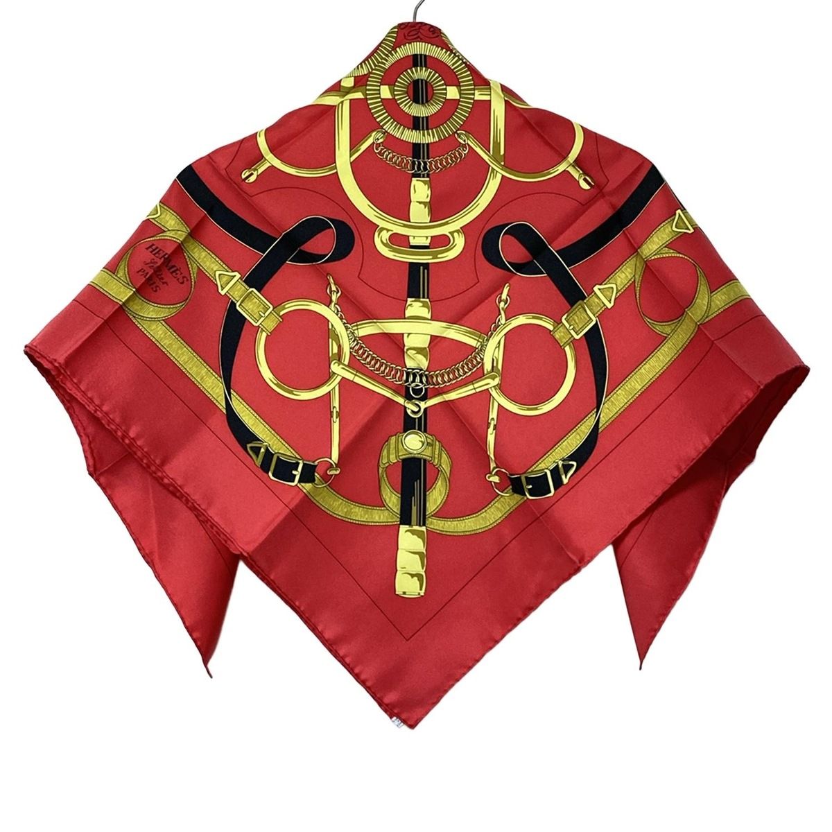 HERMES エルメス スカーフ カレ90 レッド 黒 ダークイエロー Eperon d or