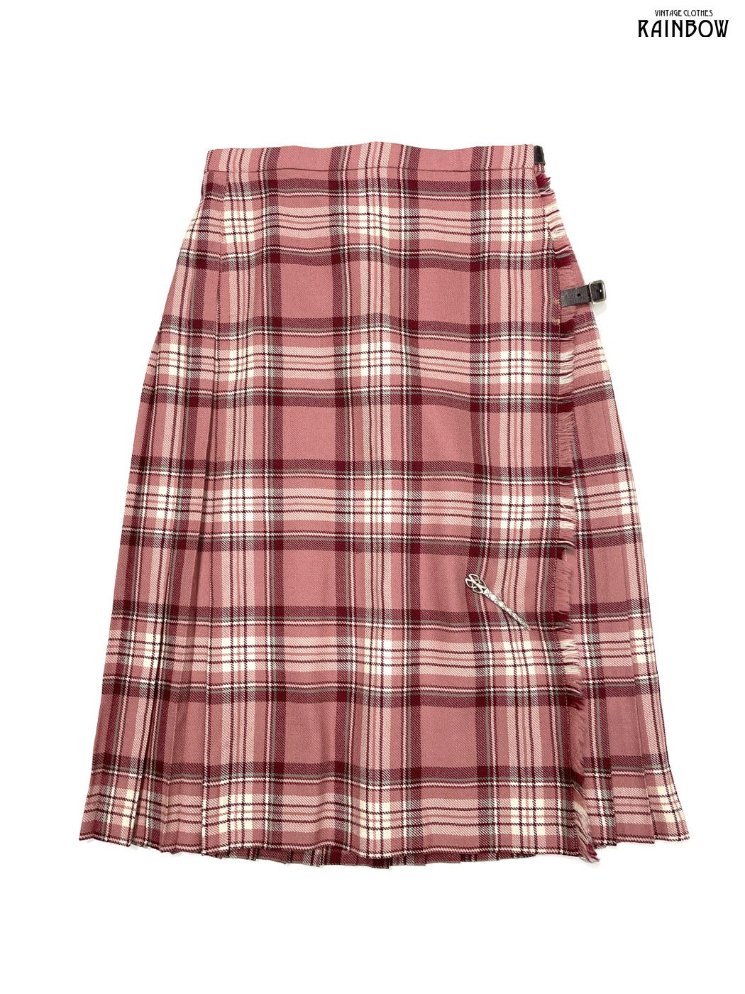 古着 Jedburgh Kiltmakers イギリス製 巻きデザイン チェック柄 ピュアウール 膝丈 プリーツ スカート ピンク btu 2509131