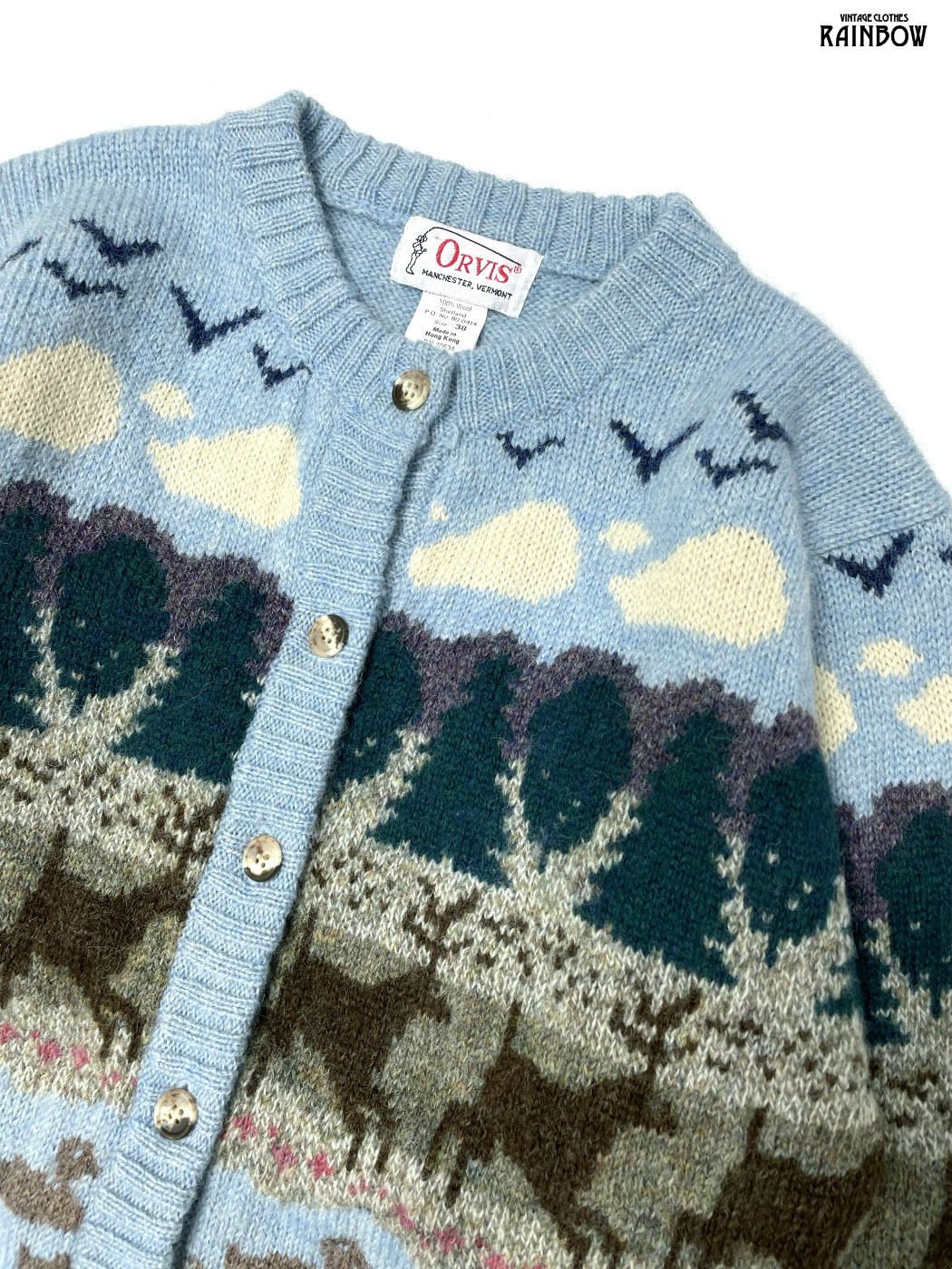 古着 オービス ORVIS 森 総柄 長袖 ニット カーディガン 水色 ttu 2508106