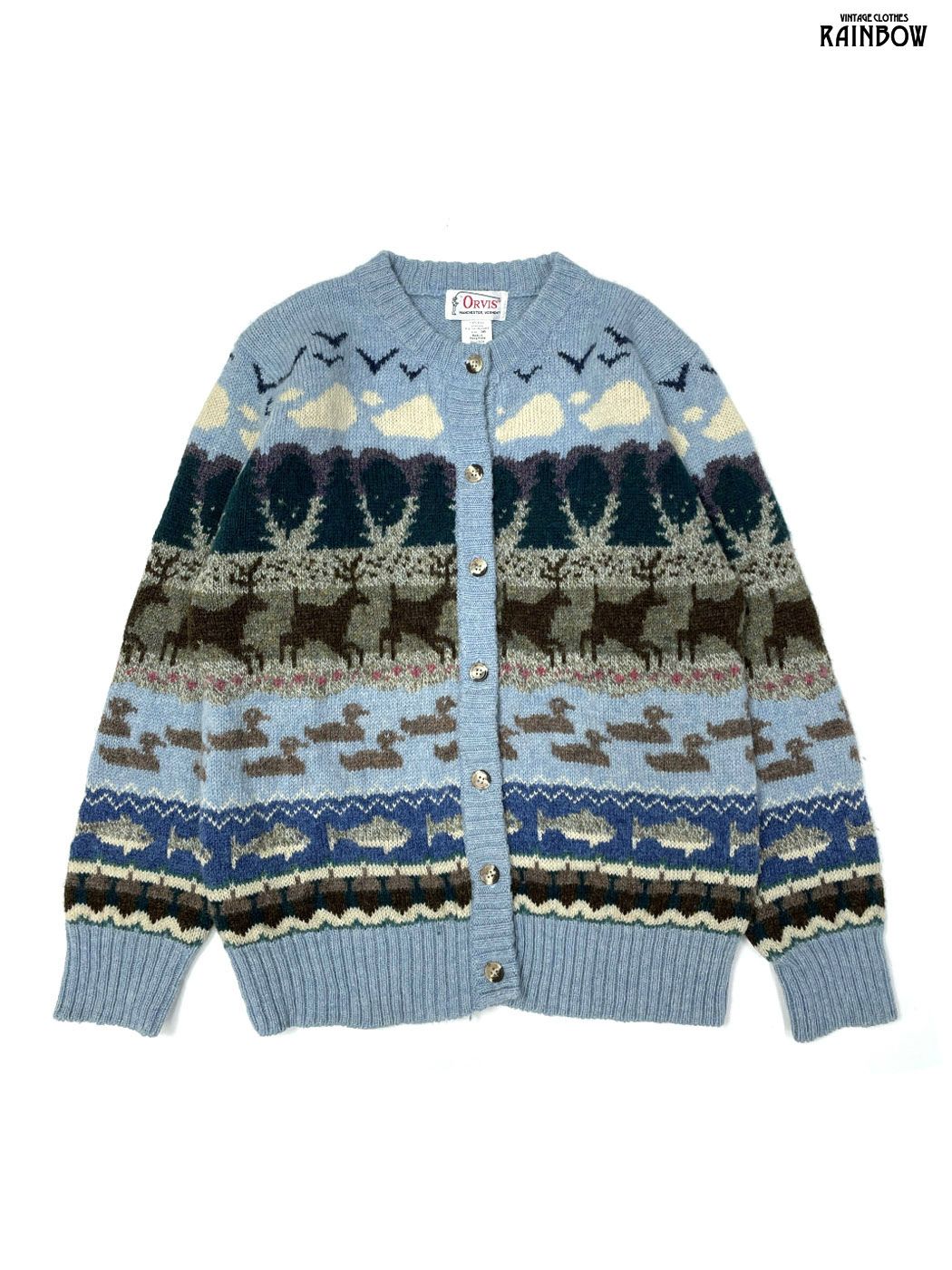 古着 オービス ORVIS 森 総柄 長袖 ニット カーディガン 水色 ttu 2508106