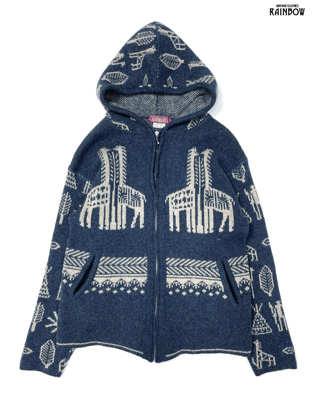 古着 総柄 エスニック柄 長袖 ニット アウター 紺 ttu 2508108