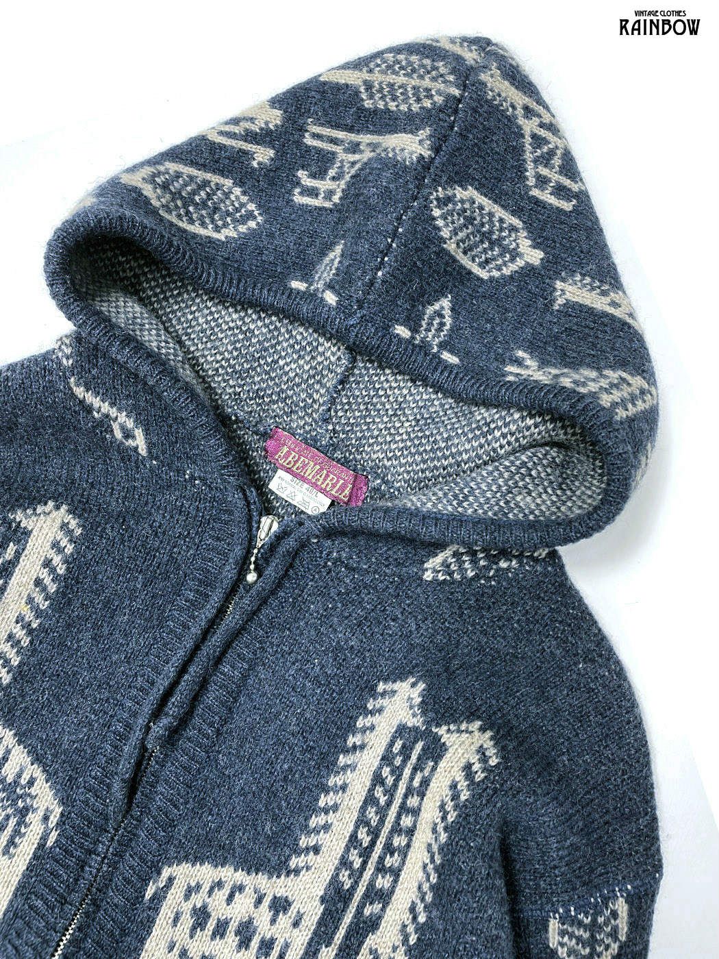 古着 総柄 エスニック柄 長袖 ニット アウター 紺 ttu 2508108