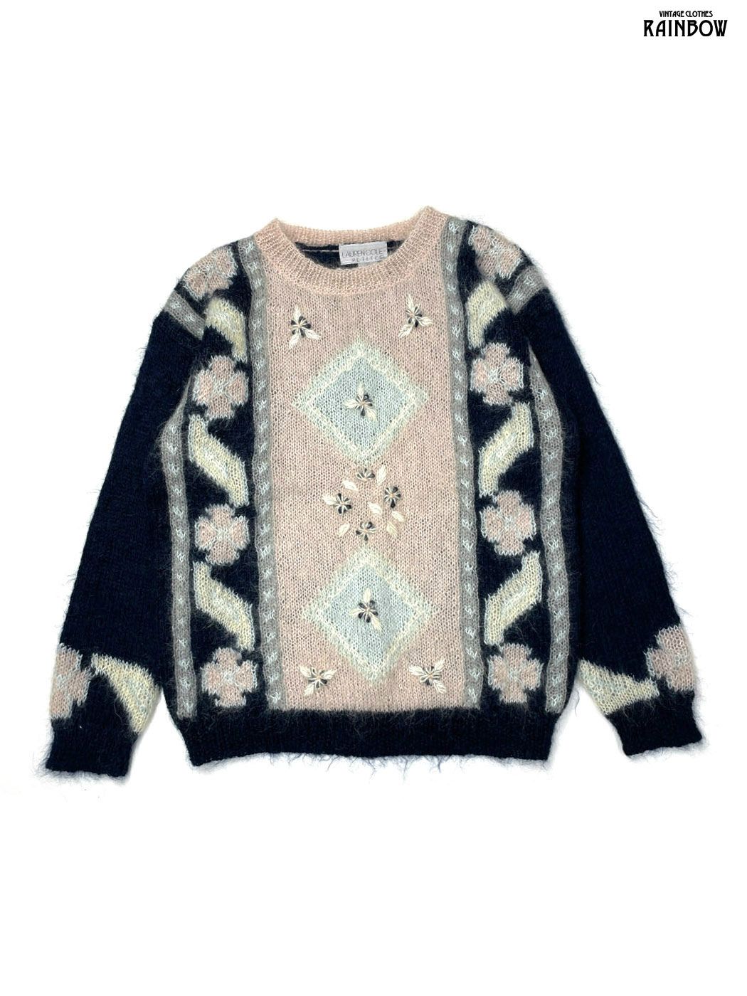 古着 花柄 長袖 ニット セーター ピンク 紺 ttu 2508137