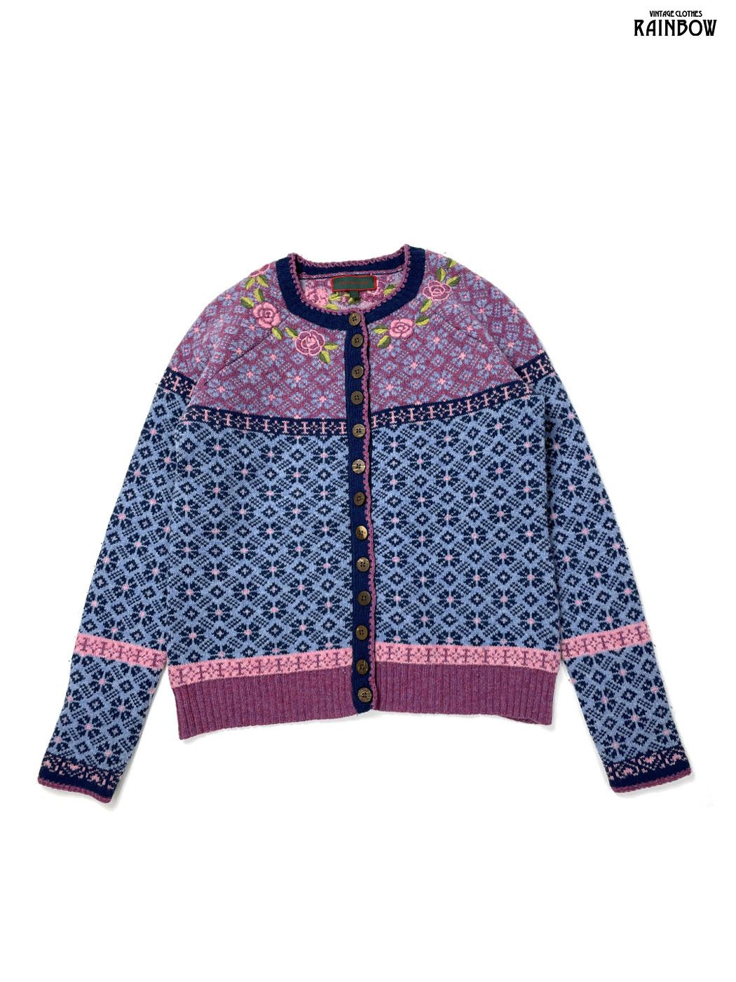 古着 花柄 ラムウール 長袖 ニット カーディガン 青 紫 ttu 2508143