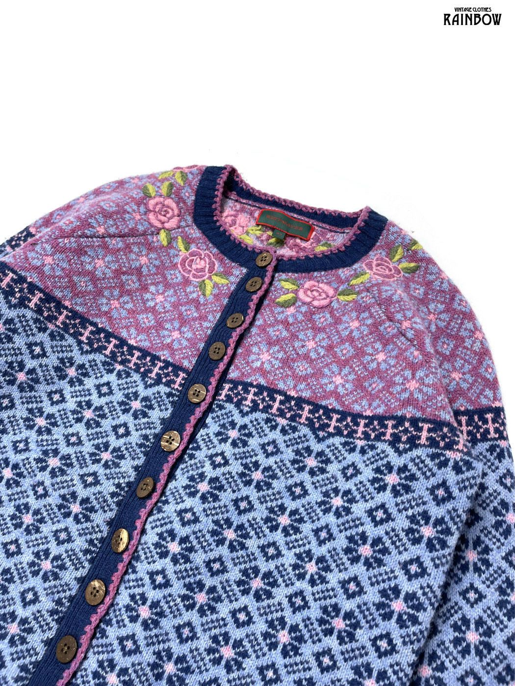 古着 花柄 ラムウール 長袖 ニット カーディガン 青 紫 ttu 2508143