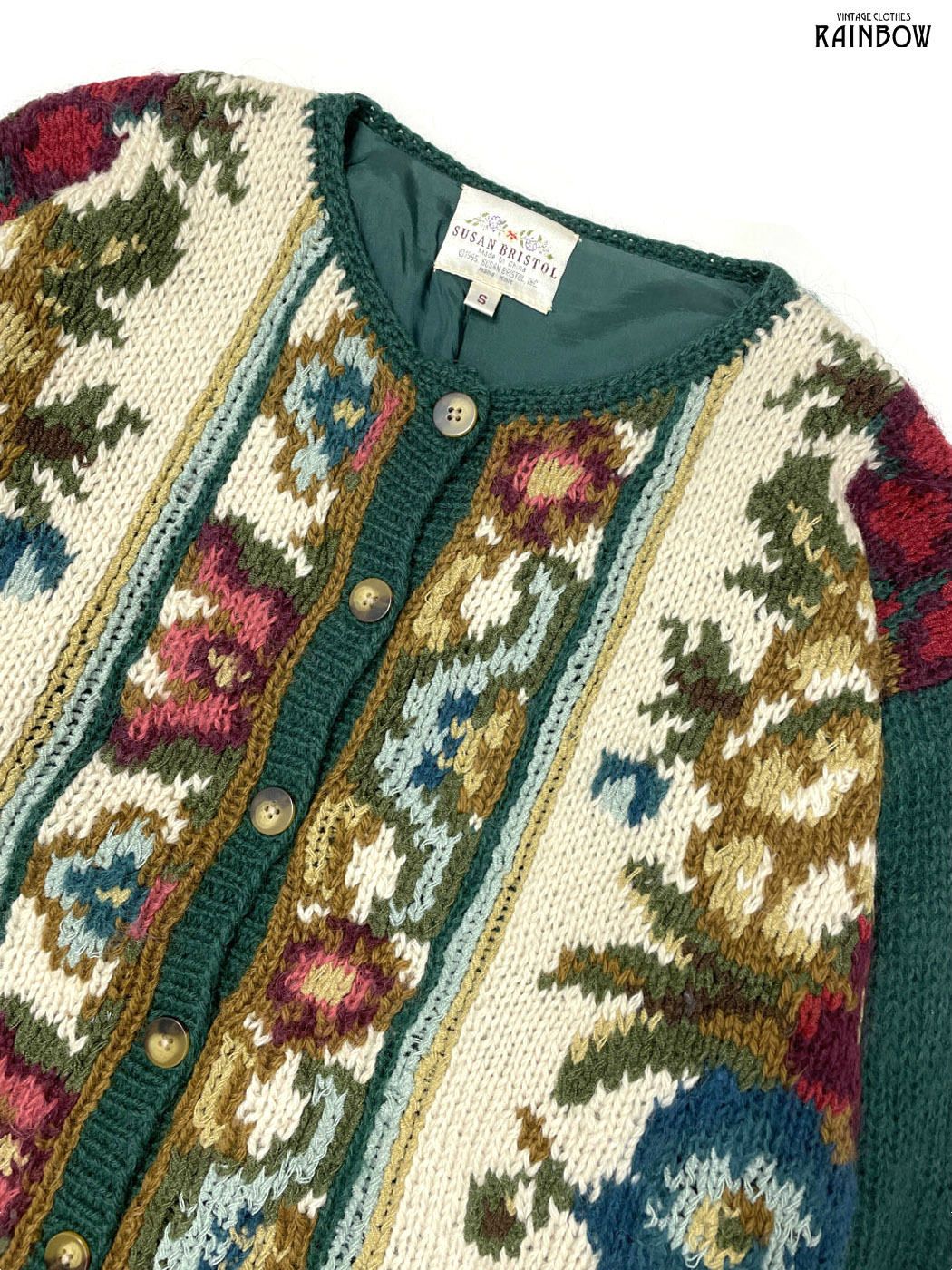 古着 SUSAN BRISTOL スーザンブリストル 花柄 ウール 長袖 ニット カーディガン モスグリーン ttu 2508148
