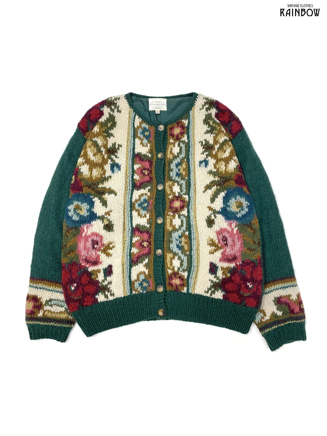古着 SUSAN BRISTOL スーザンブリストル 花柄 ウール 長袖 ニット カーディガン モスグリーン ttu 2508148