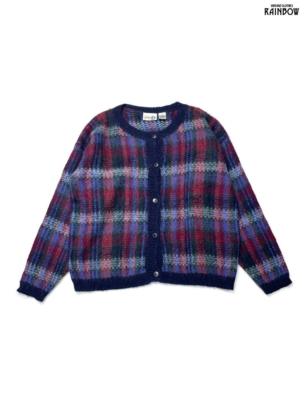 古着 PAUL HARRIS DESIGN モヘア チェック柄 長袖 ニット カーディガン 紫 ttu 2509027