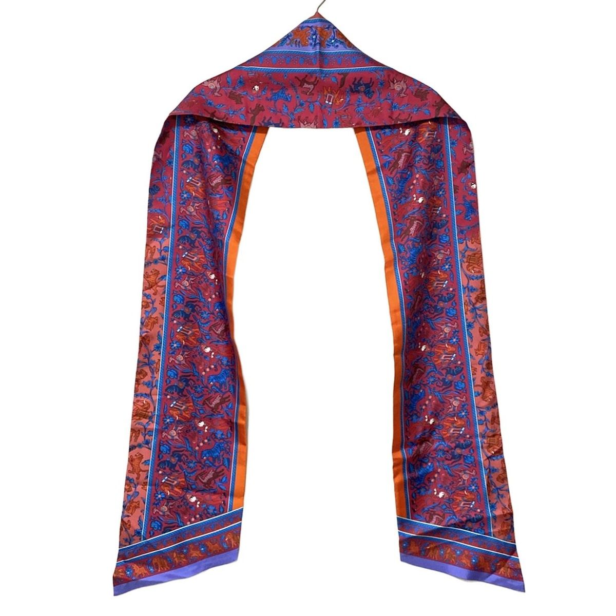 HERMES エルメス スカーフ マキシツイリーカット レッド ブルー マルチ リボンスカーフ アニマル