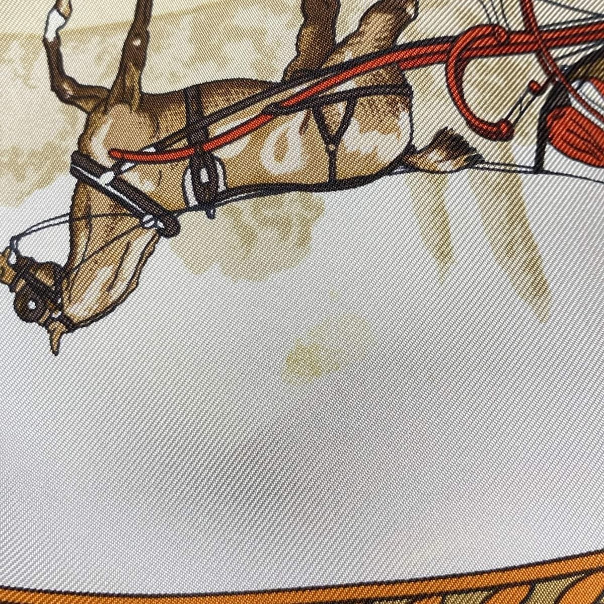  HERMES エルメス スカーフ カレ90 白×ダークブラウン×マルチ LA PROMENADE DE LONGCHAMPS バンダナ スカーフ 小物