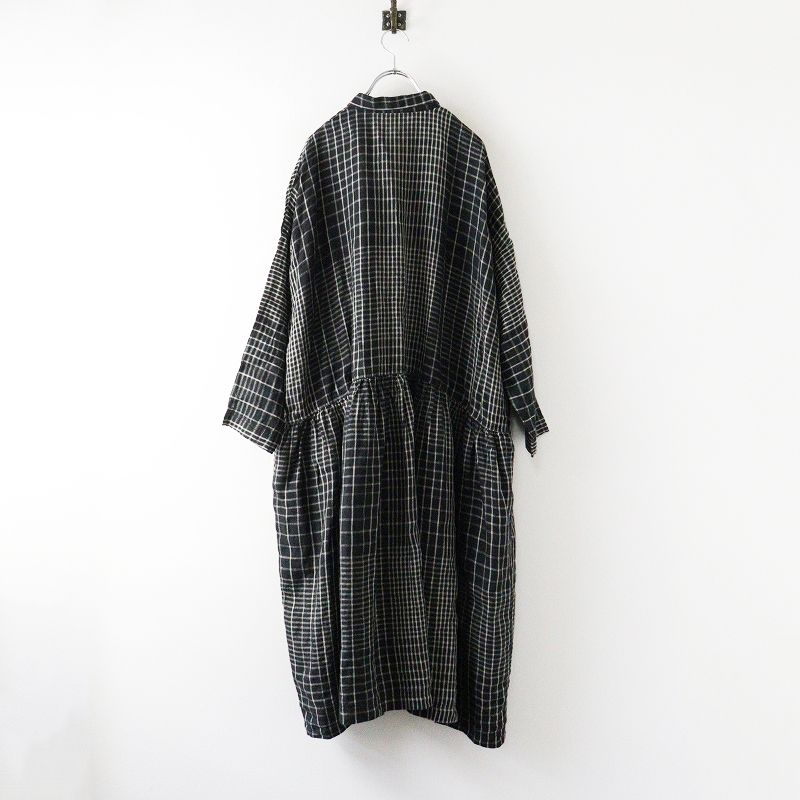 イチアンティークス ICHI Antiquites リネン ランダムチェック シャツ ワンピース ブラック ドレス