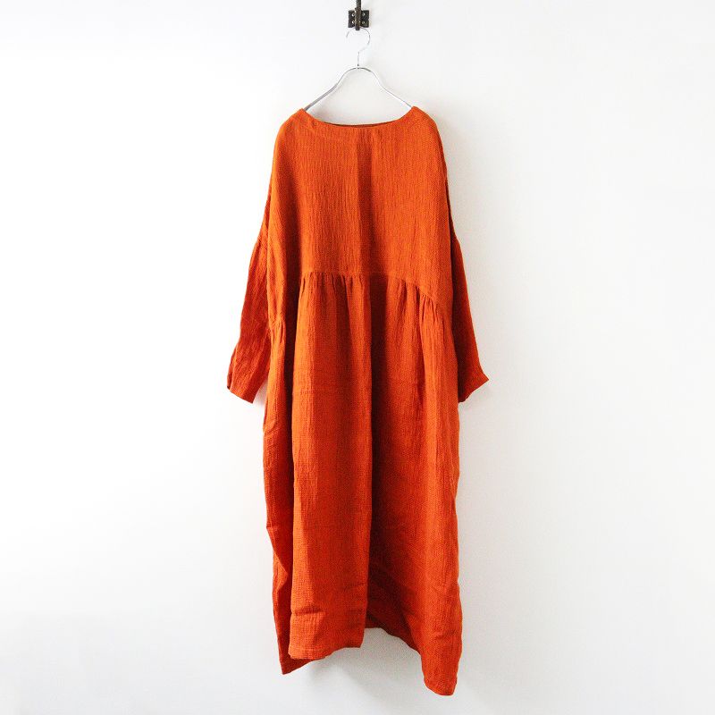 イチアンティークス ICHI Antiquites リネンワッフルワンピース ｜オレンジ トップス ドレス ノーカラー