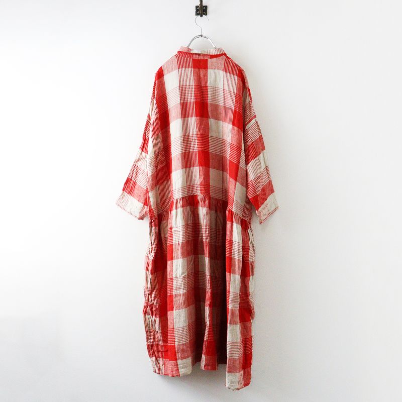 イチアンティークス ICHI Antiquites リネン チェック シャツ ワンピース レッド ベージュ ドレス